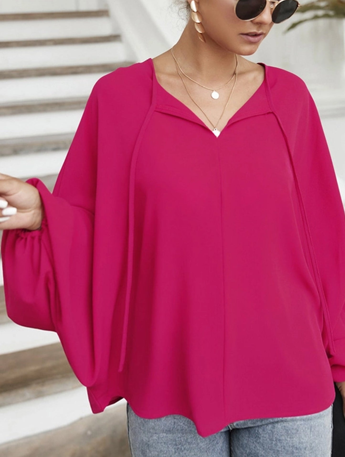 Short V-Neck Lace-Up Casual Top for Women