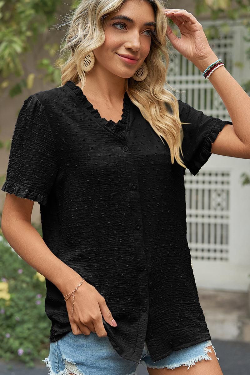 LACE V NECK PRINCESS SLEEVES CHIFFON DOT BLOUSE - Doublju