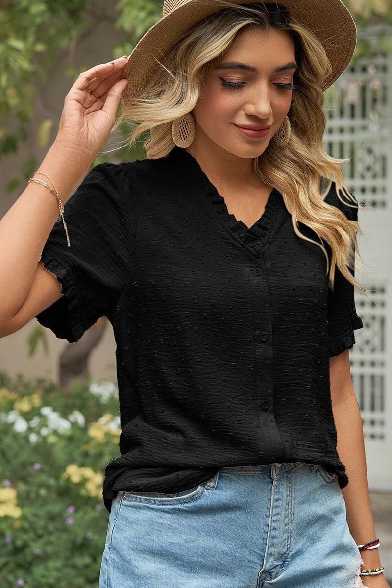 LACE V NECK PRINCESS SLEEVES CHIFFON DOT BLOUSE - Doublju