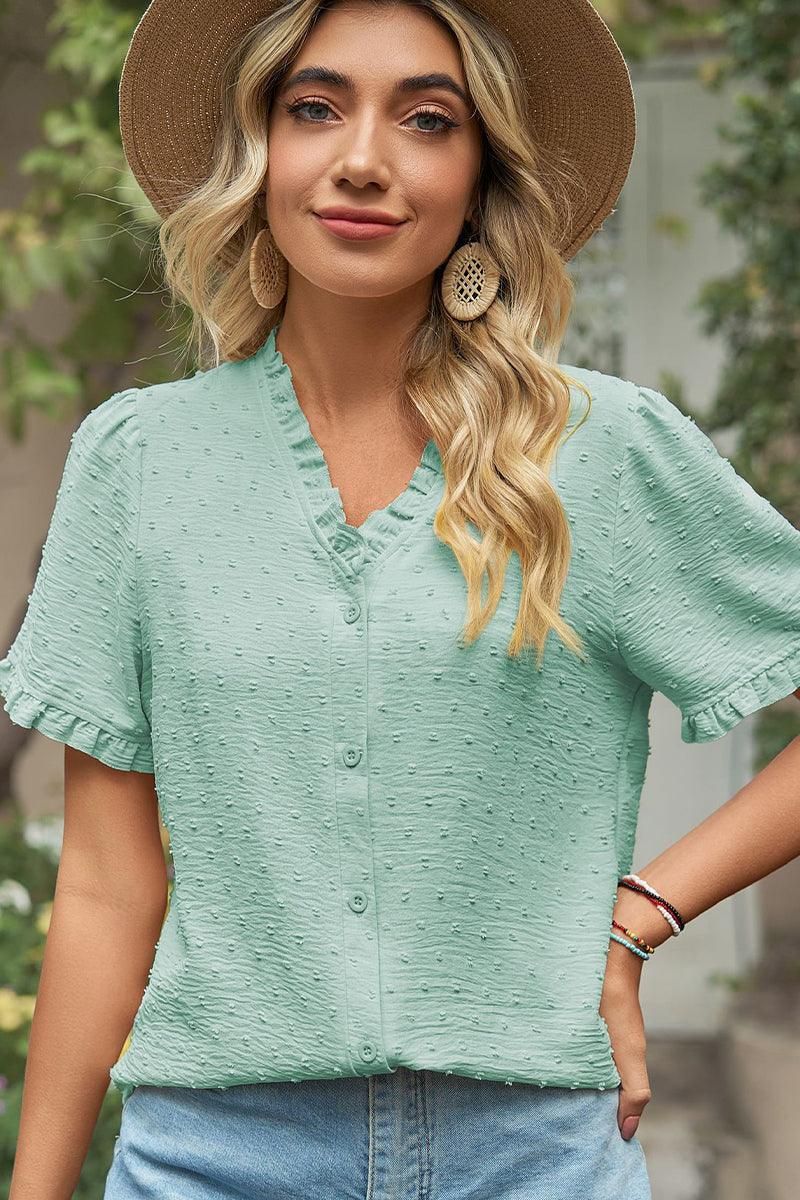 LACE V NECK PRINCESS SLEEVES CHIFFON DOT BLOUSE - Doublju
