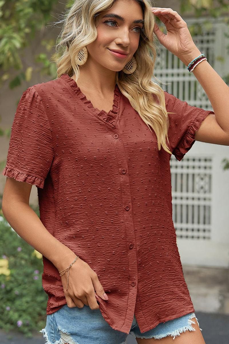 LACE V NECK PRINCESS SLEEVES CHIFFON DOT BLOUSE - Doublju