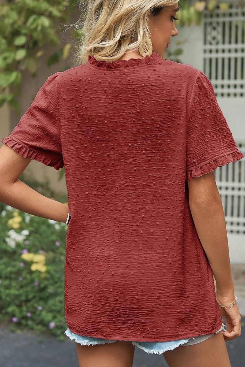 LACE V NECK PRINCESS SLEEVES CHIFFON DOT BLOUSE - Doublju