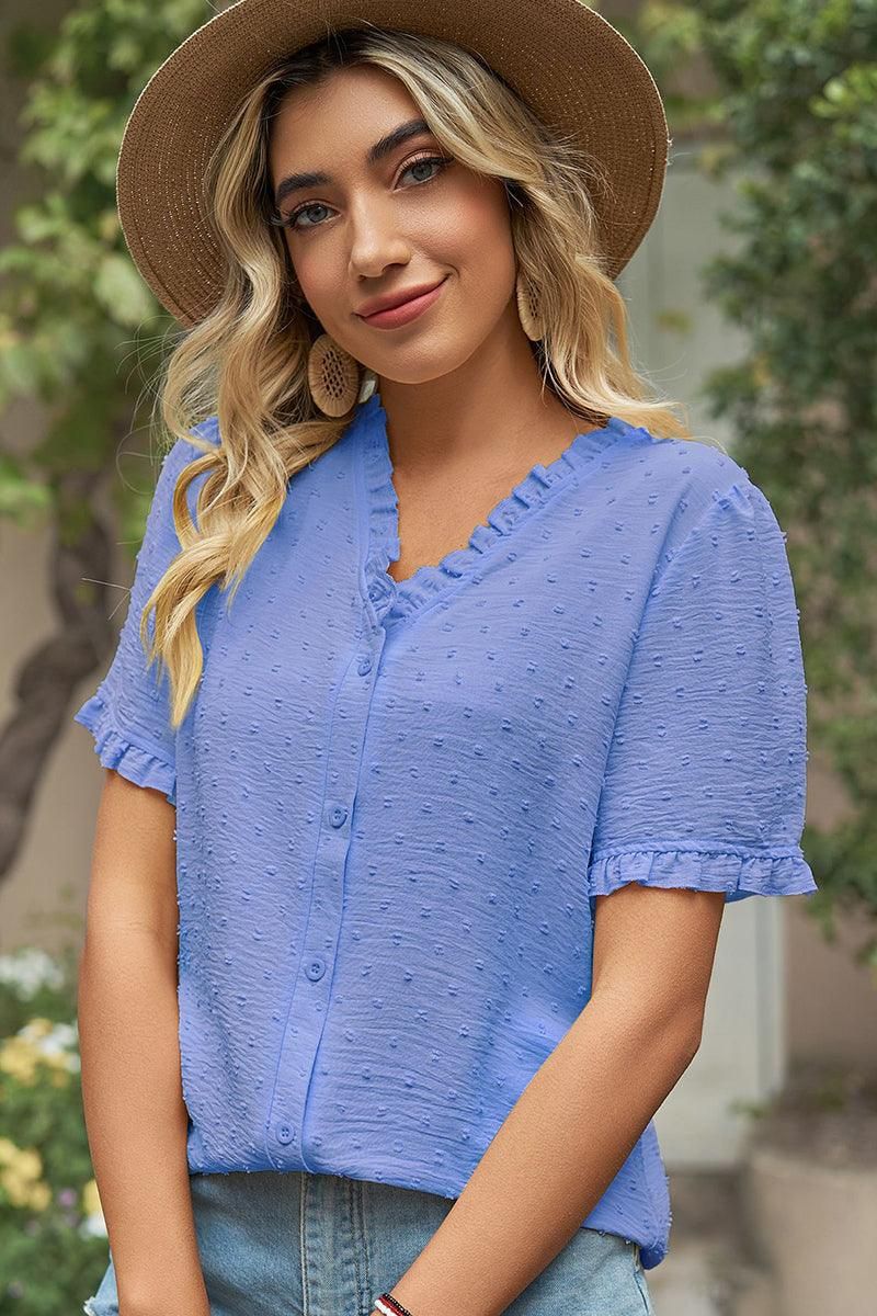 LACE V NECK PRINCESS SLEEVES CHIFFON DOT BLOUSE - Doublju