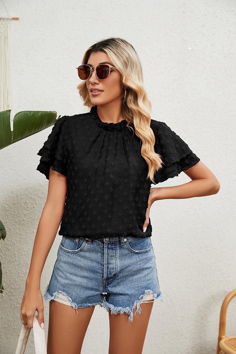 RUFFLED ROUND NECK JACQUARD WEAVE CHIFFON BLOUSE - Doublju