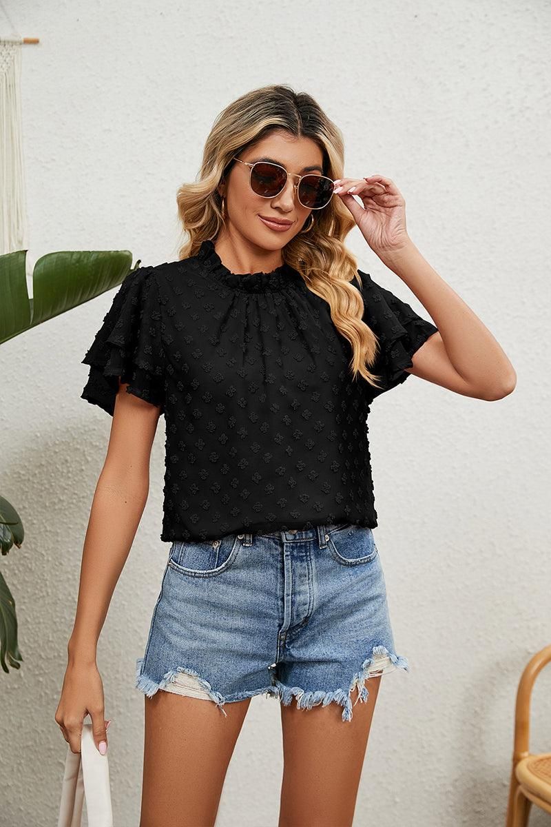 RUFFLED ROUND NECK JACQUARD WEAVE CHIFFON BLOUSE - Doublju