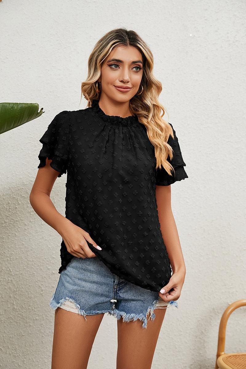 RUFFLED ROUND NECK JACQUARD WEAVE CHIFFON BLOUSE - Doublju