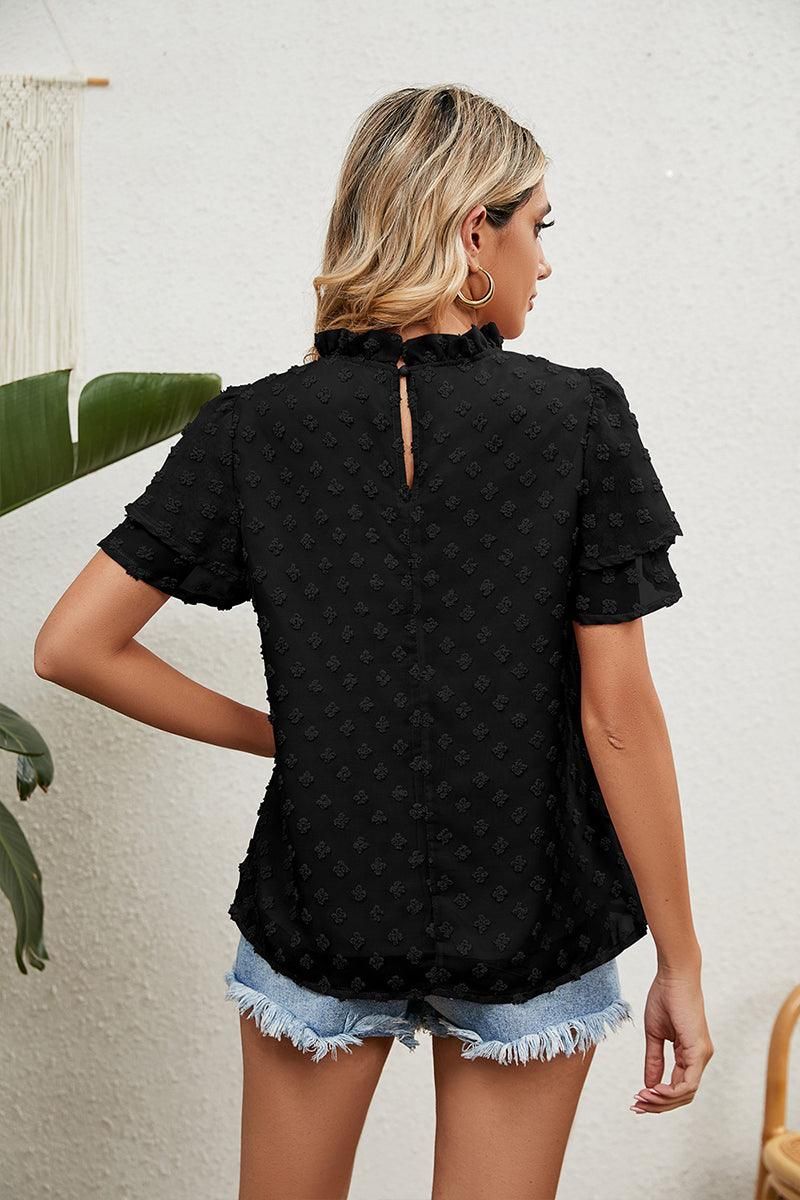 RUFFLED ROUND NECK JACQUARD WEAVE CHIFFON BLOUSE - Doublju