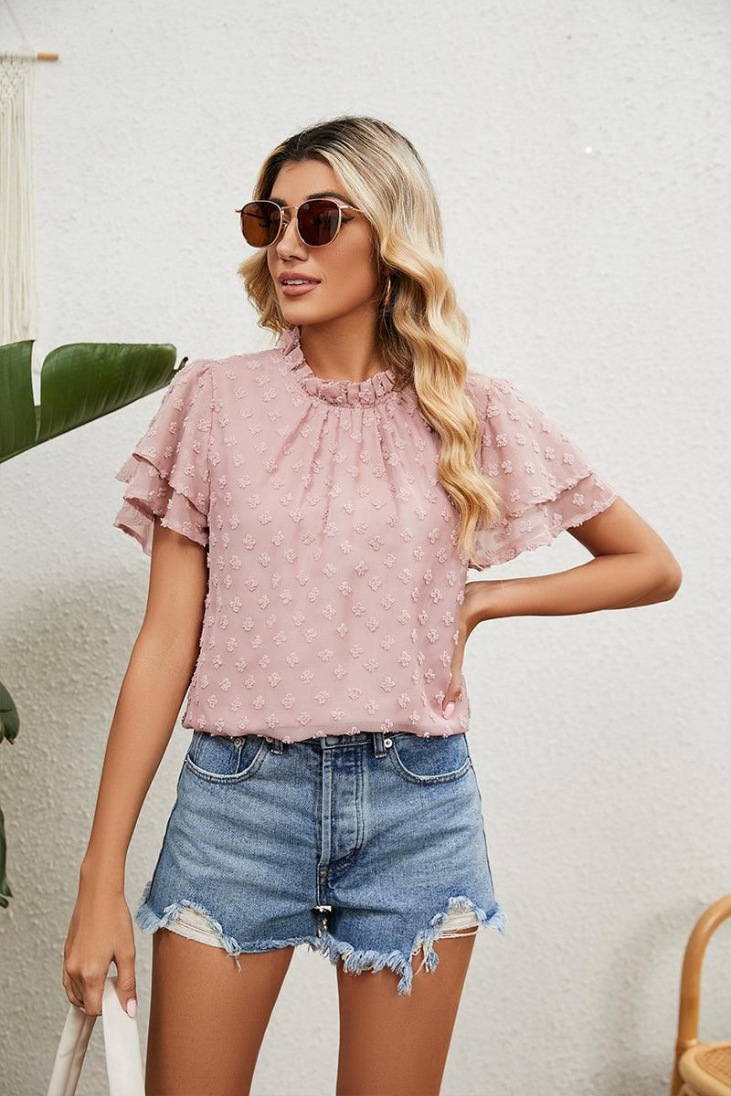 RUFFLED ROUND NECK JACQUARD WEAVE CHIFFON BLOUSE - Doublju