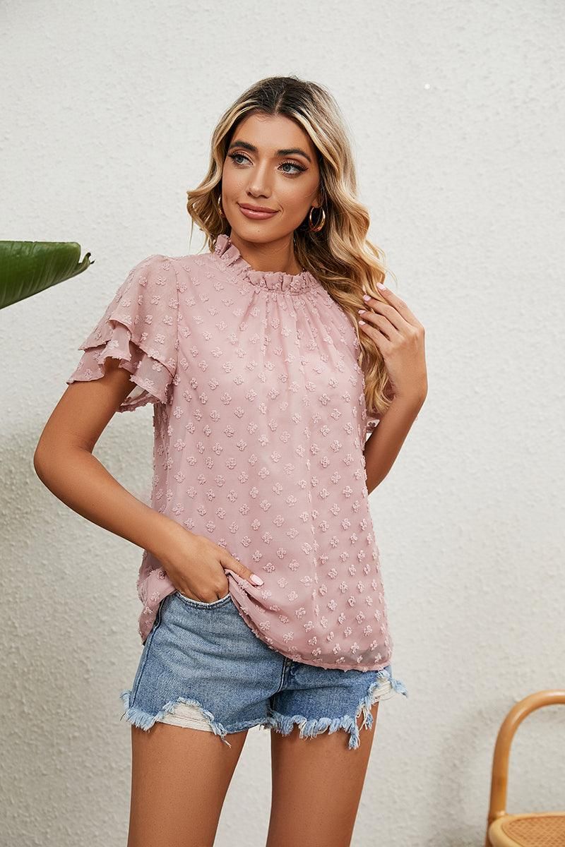 RUFFLED ROUND NECK JACQUARD WEAVE CHIFFON BLOUSE - Doublju