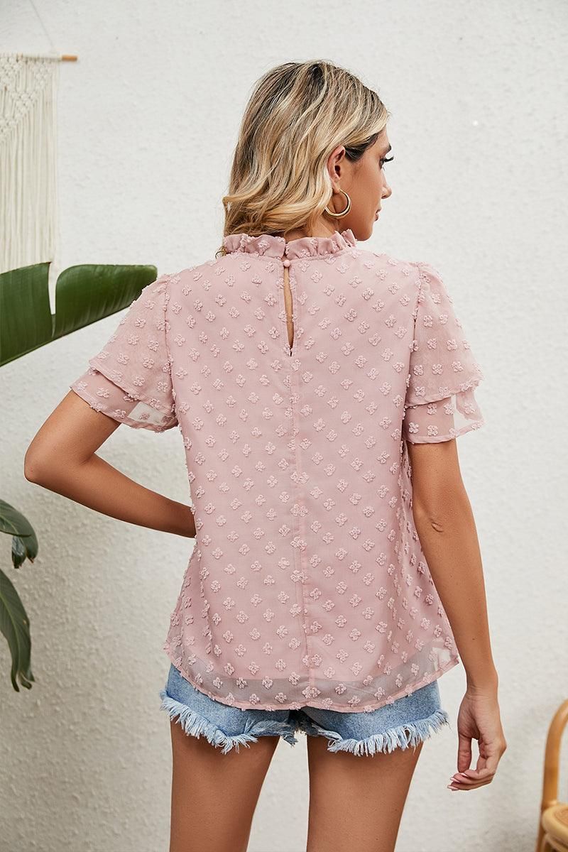 RUFFLED ROUND NECK JACQUARD WEAVE CHIFFON BLOUSE - Doublju