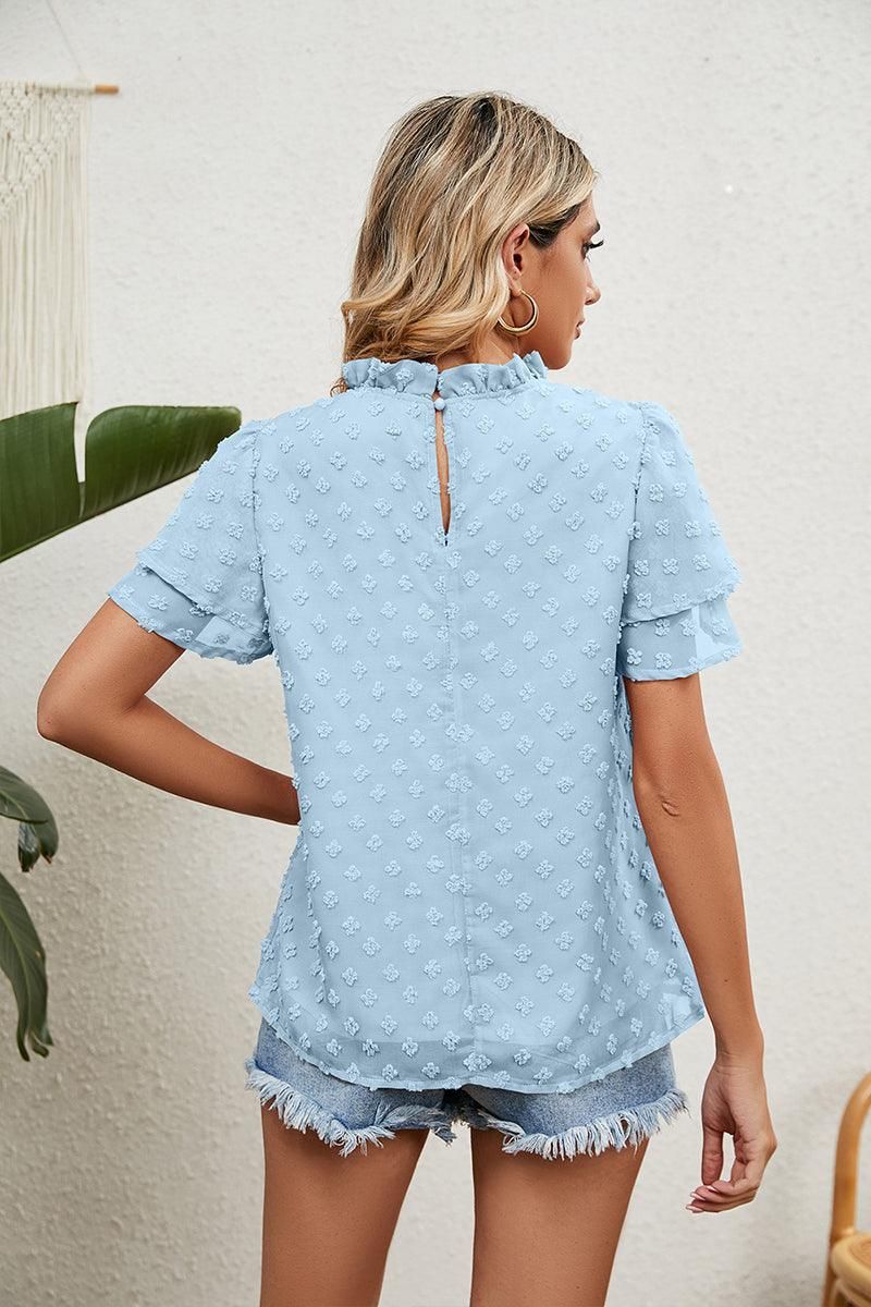 RUFFLED ROUND NECK JACQUARD WEAVE CHIFFON BLOUSE - Doublju