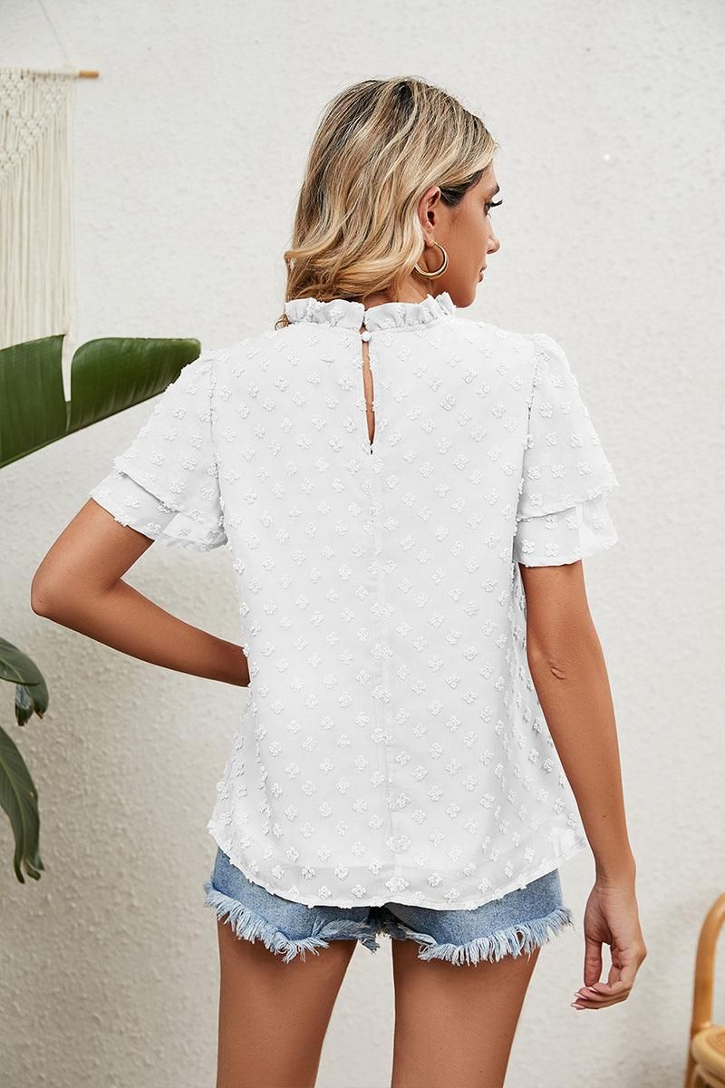 RUFFLED ROUND NECK JACQUARD WEAVE CHIFFON BLOUSE - Doublju
