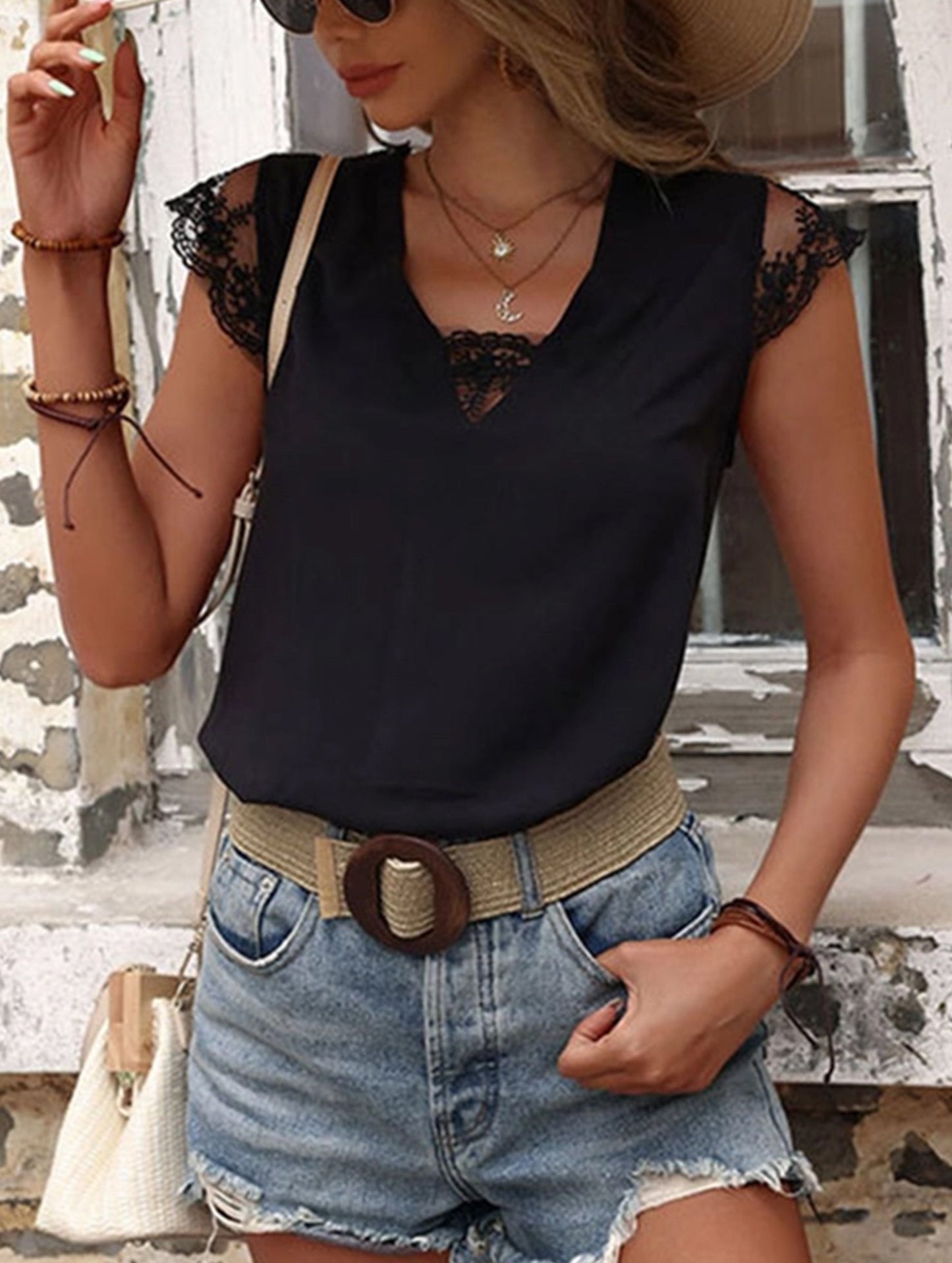 MESH LACE POINT CAP SLEEVE CHIFFON BLOUSE