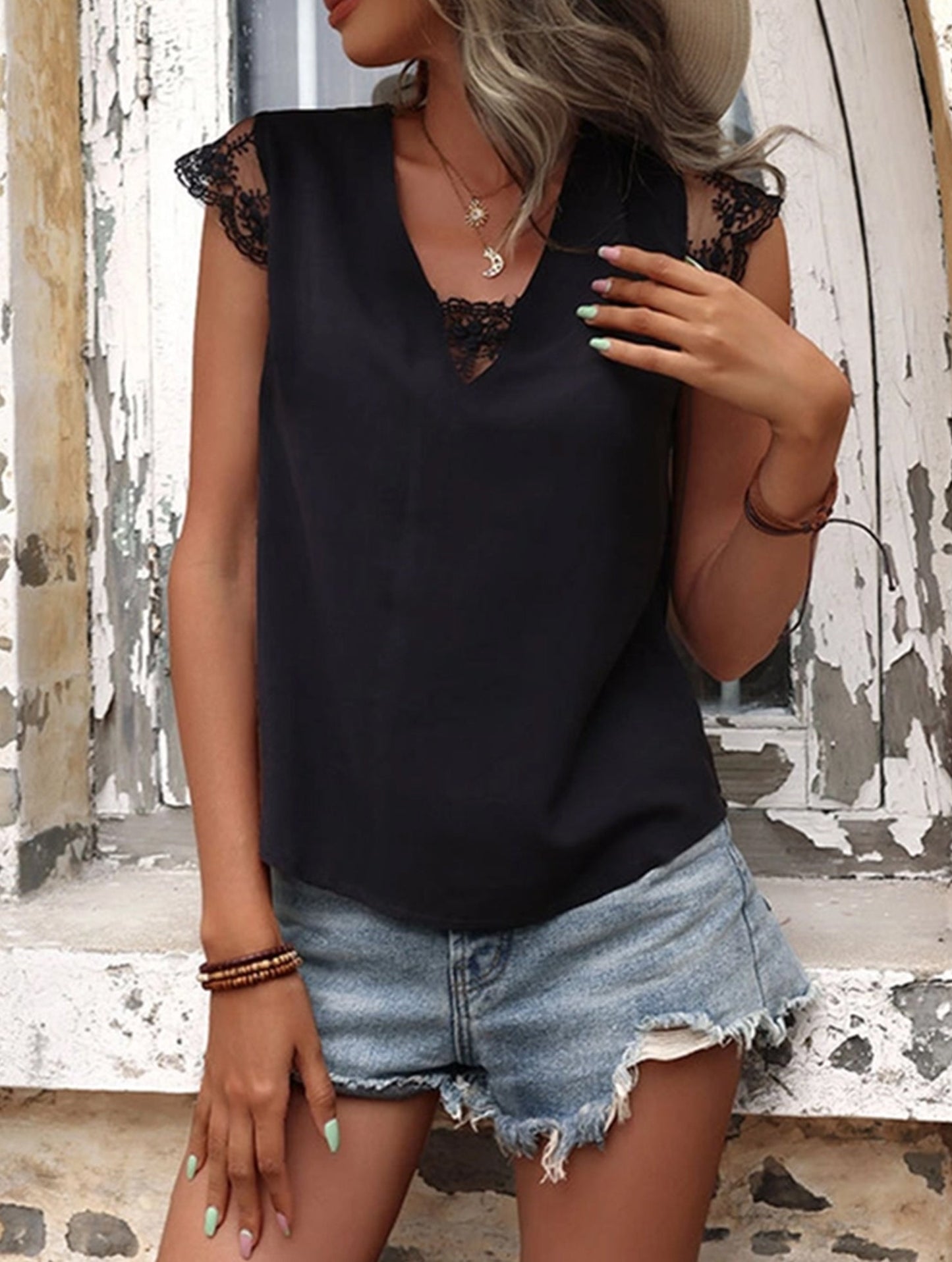 MESH LACE POINT CAP SLEEVE CHIFFON BLOUSE