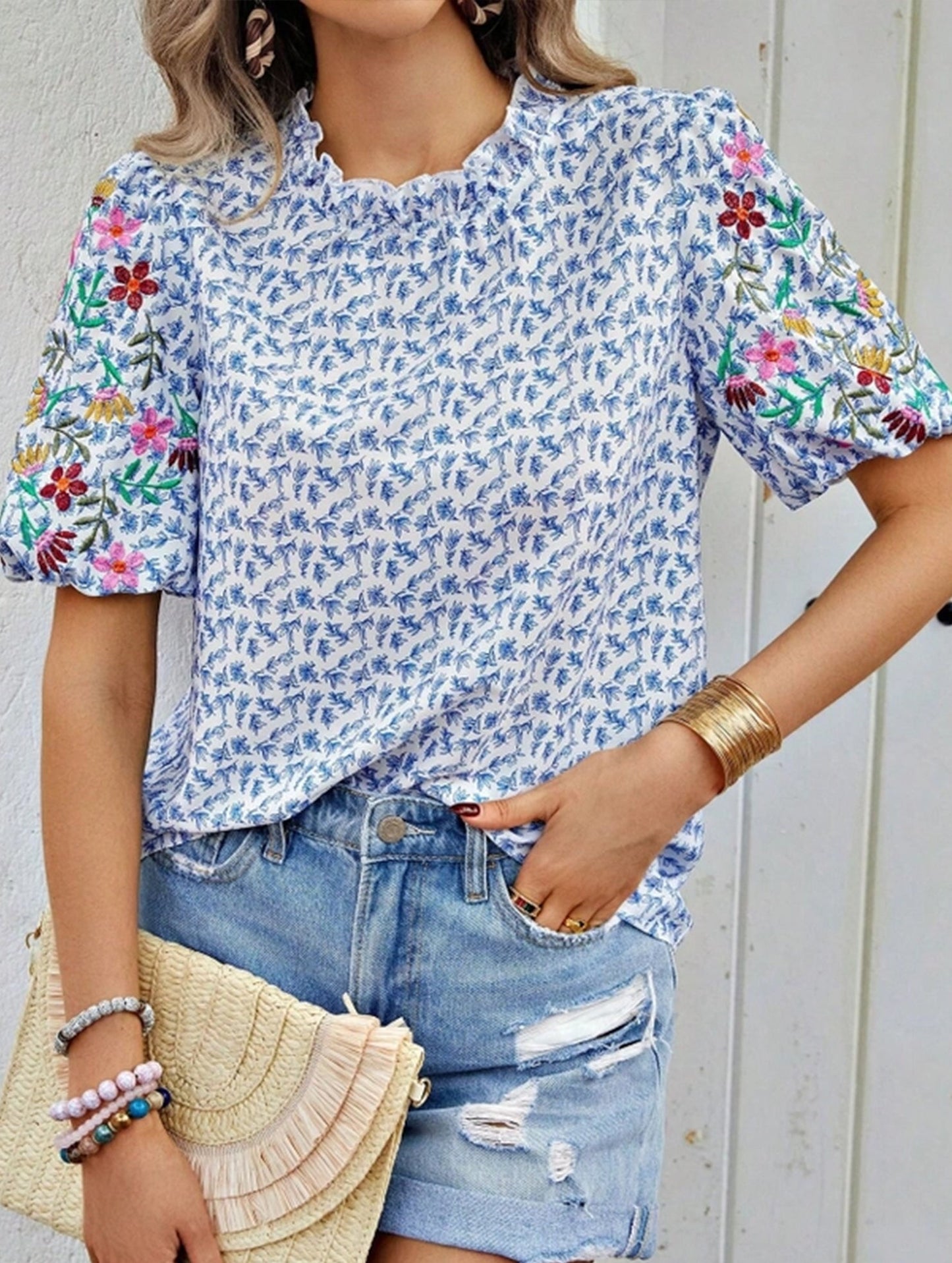 Embroidered Printed Turtleneck Blouse ??Boho Chic High Neck Long Sleeve Top