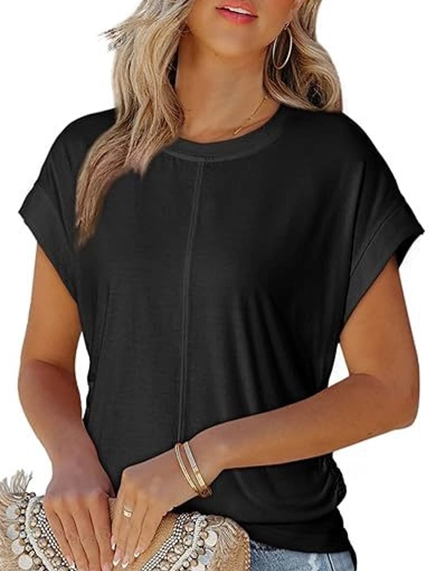 Stylish side pleated shoulder short sleeve shirt