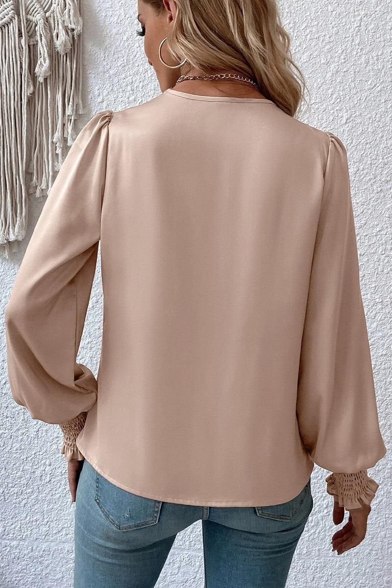 WOMEN CROSS WRAP RIBBED SLEEVE BLOUSE TOP - Doublju