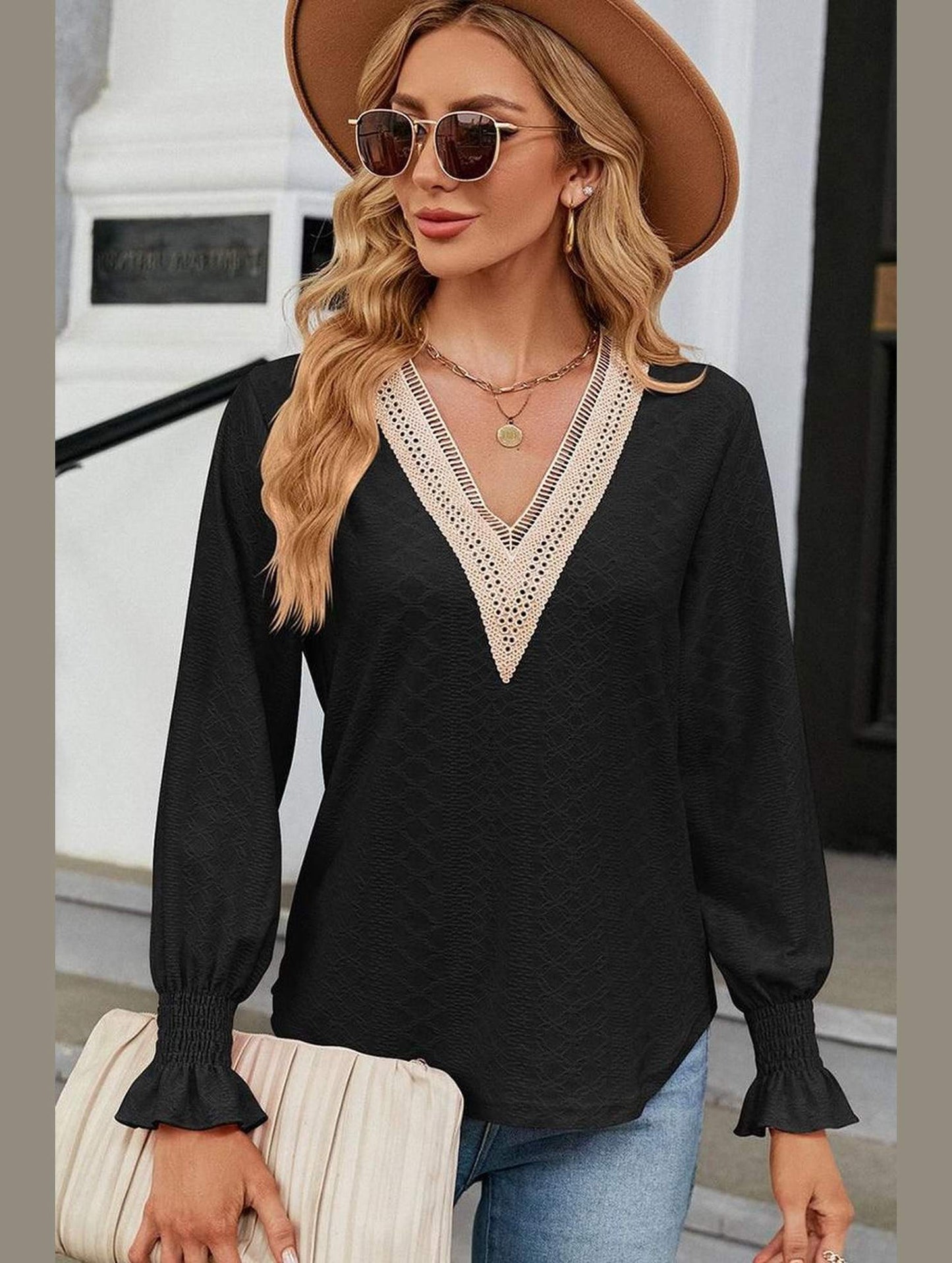 WOMEN GUIPURE LACE TRIM NECK RUFFLE SLEEVE BLOUSE - Doublju