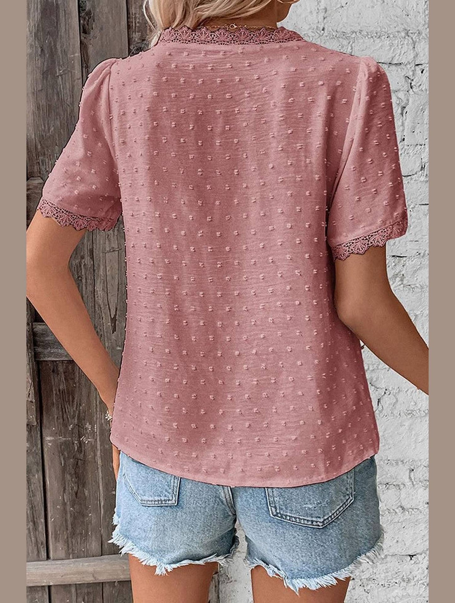 WOMEN SWISS DOT LACE TRIM NECK SHORT T SHIRT - Doublju