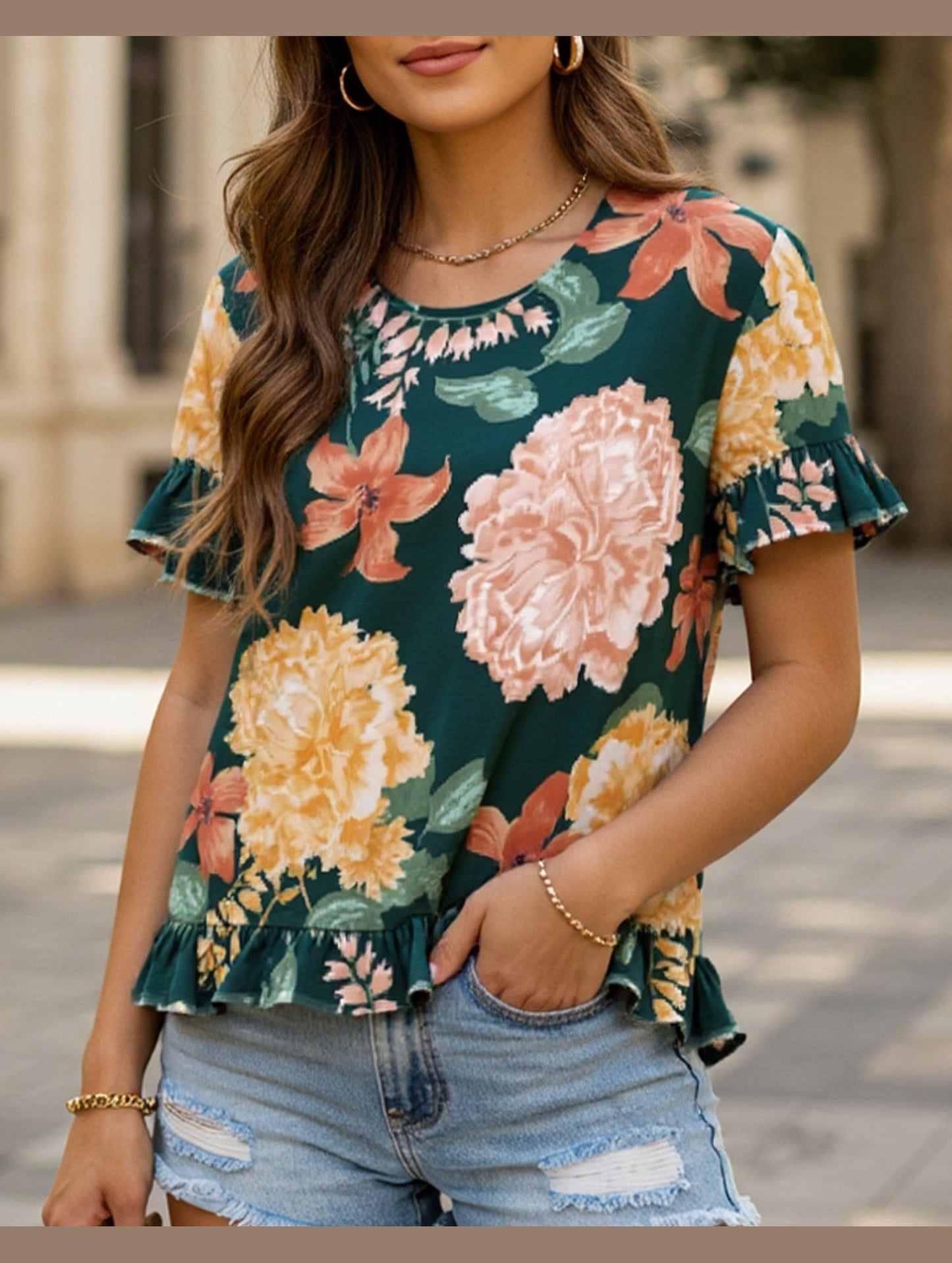 CREW NECK SHORT FRONT LONG BACK CASUAL LOOSE TOP