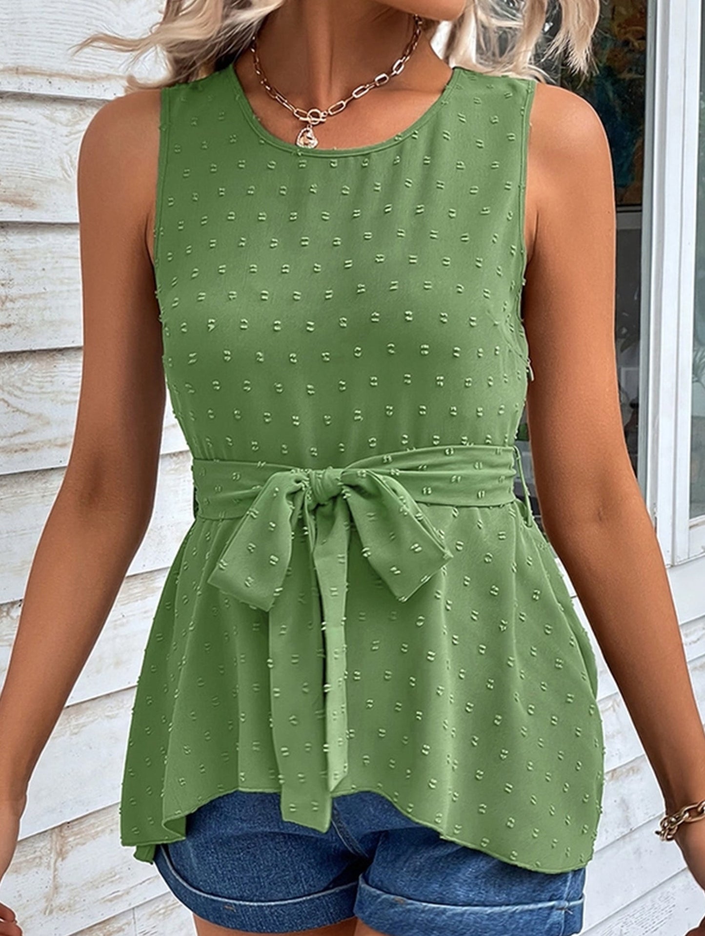 Sleeveless Round Neck Tie Solid Tank Top ??Casual Summer Blouse for Women