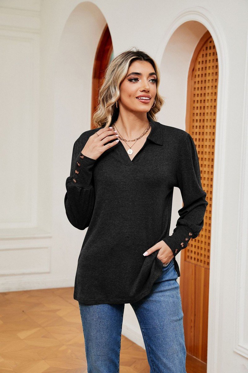 WOMEN COLLARED BUTTON DECKED CUFF BASIC T SHIRT