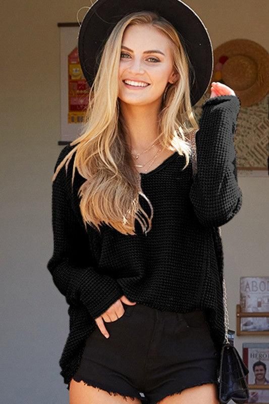 V NECK WAFFLE KNIT LONG SLEEVE TOP - Doublju