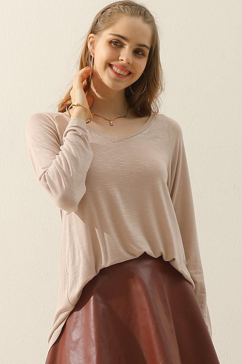 V NECK FLARE FLOUNCE LONG SLEEVE SLUB TUNIC TOP - Doublju