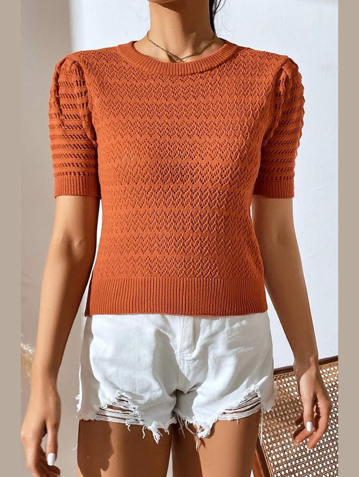 PATTERNED KNIT SHORT SLEEVE CASUAL TOP - Doublju