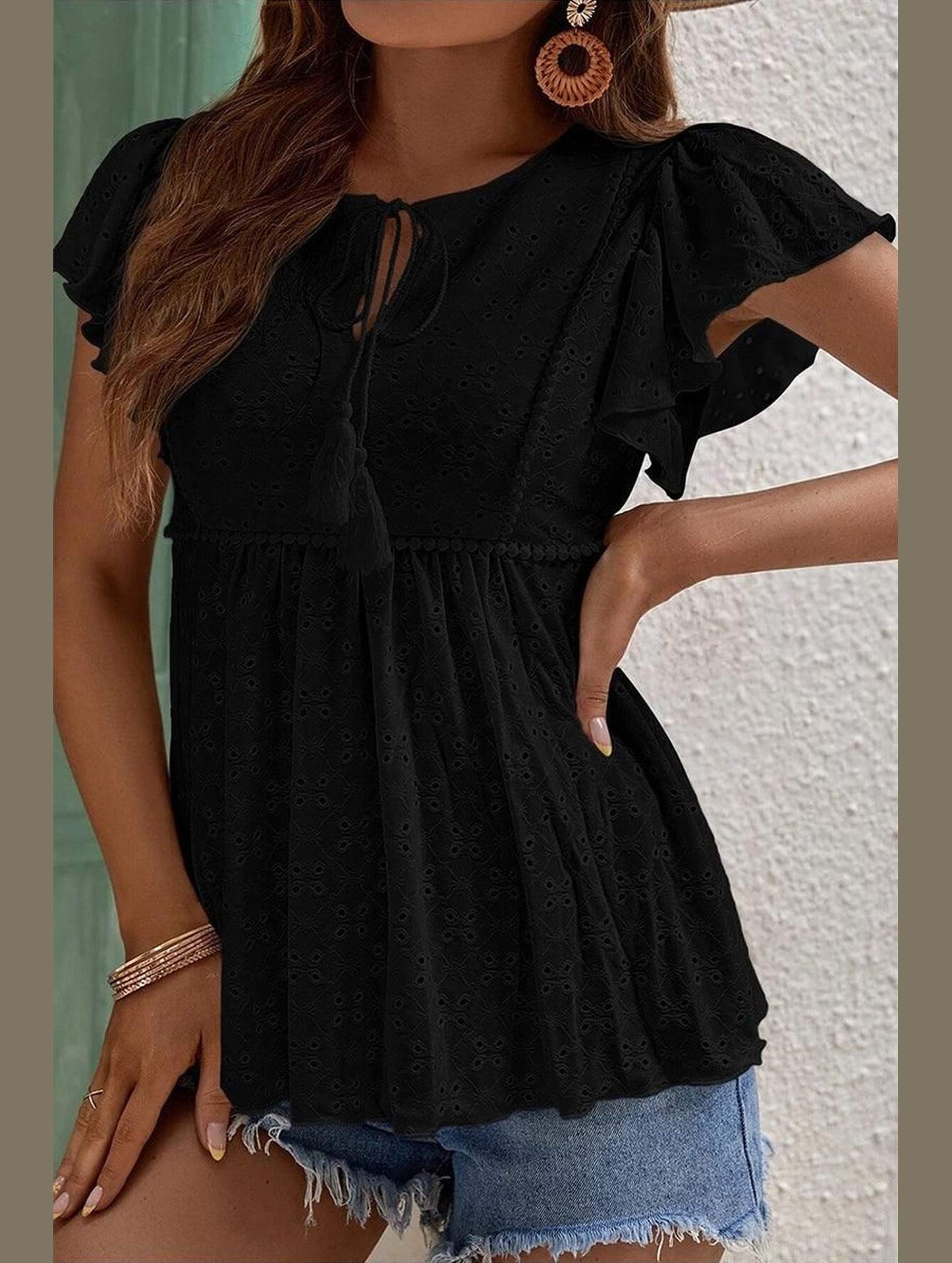 RUFFLED SLEEVE TIE NECK TUNIC TOP - Doublju