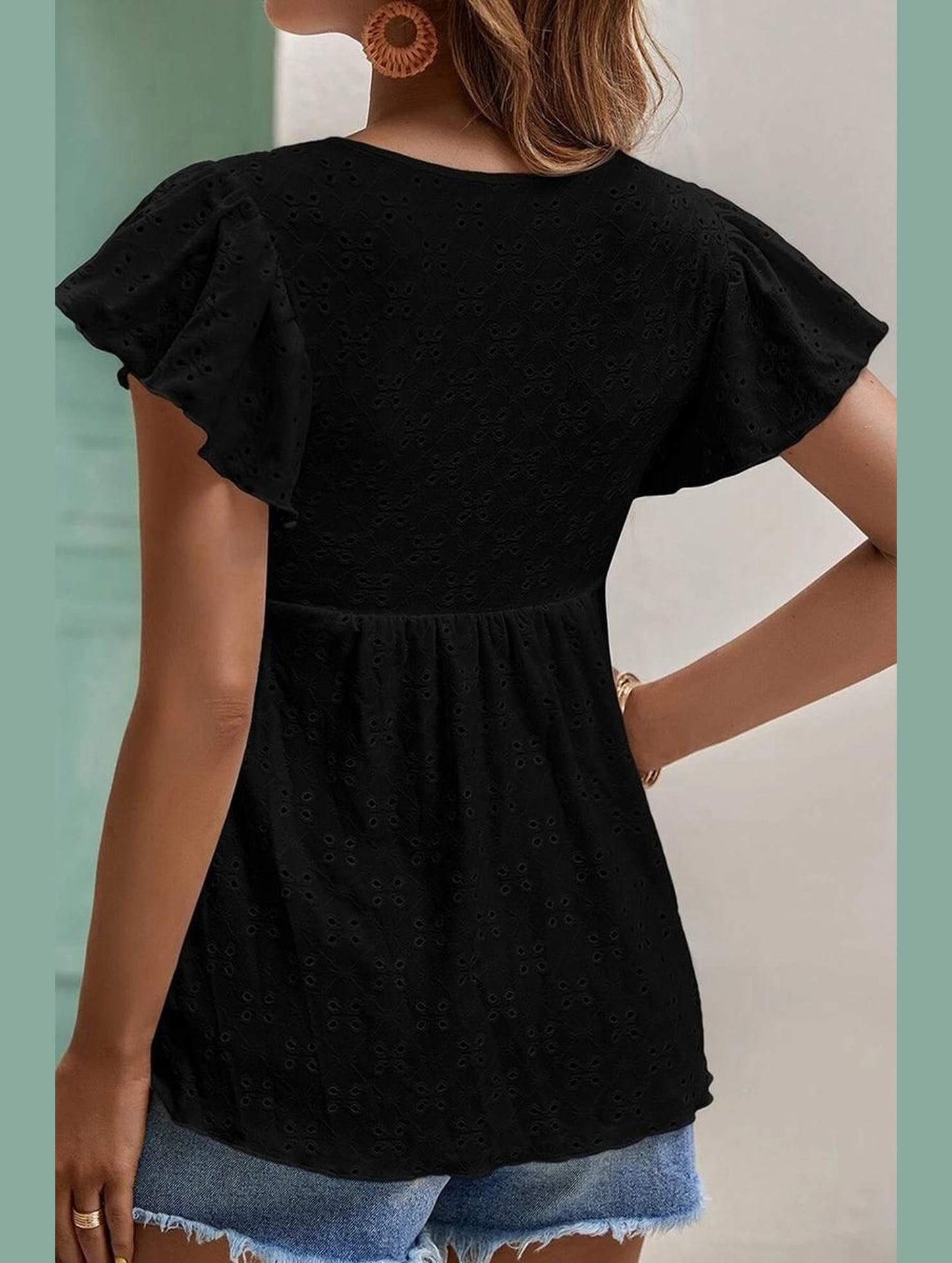 RUFFLED SLEEVE TIE NECK TUNIC TOP - Doublju
