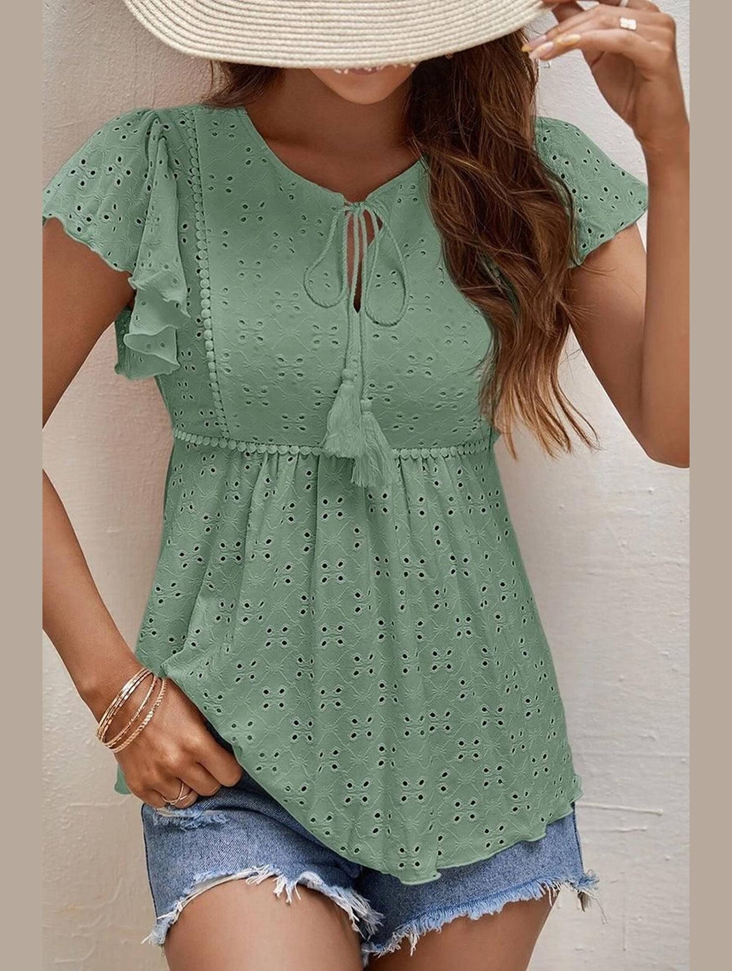 RUFFLED SLEEVE TIE NECK TUNIC TOP - Doublju