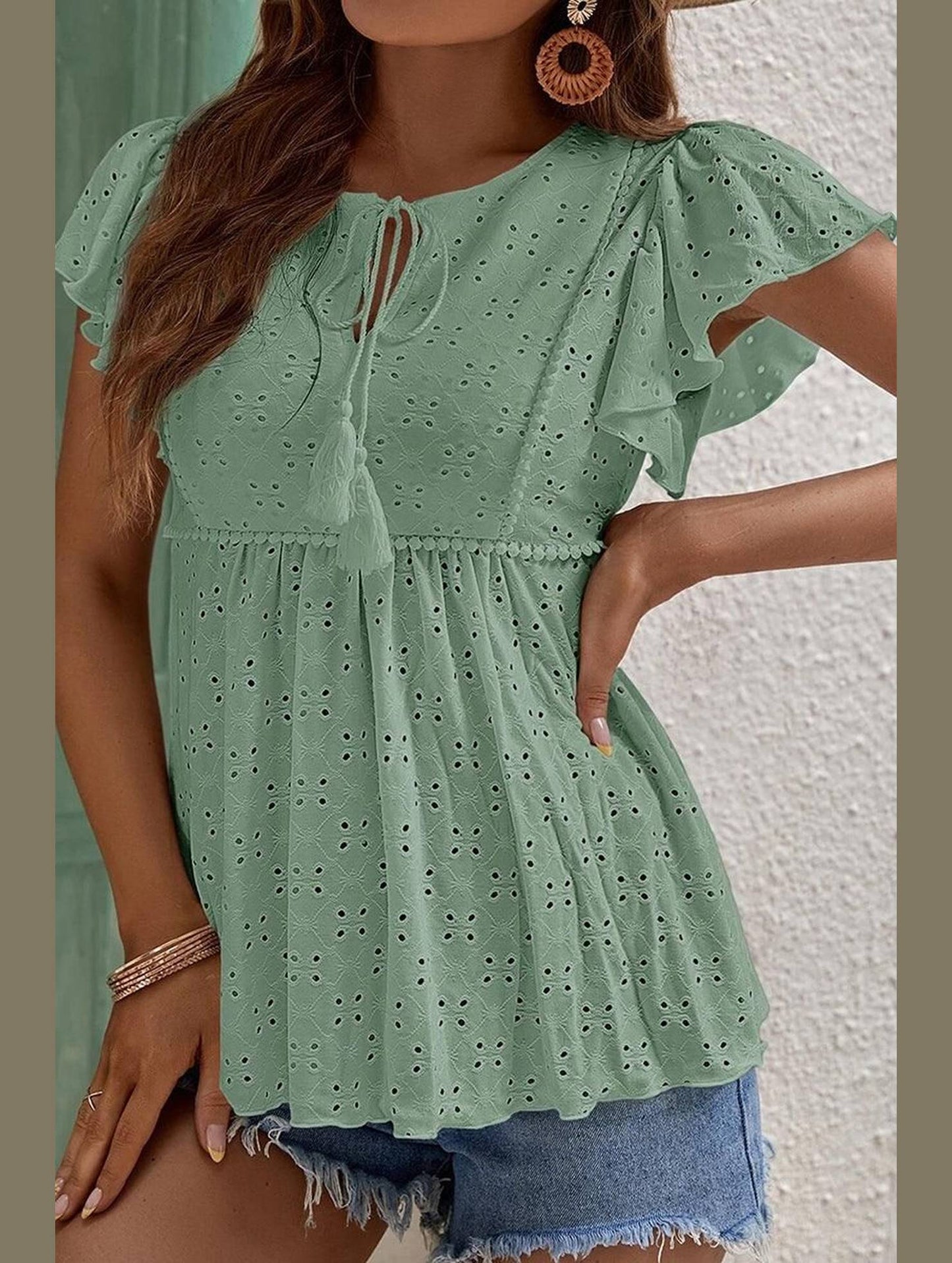 RUFFLED SLEEVE TIE NECK TUNIC TOP - Doublju