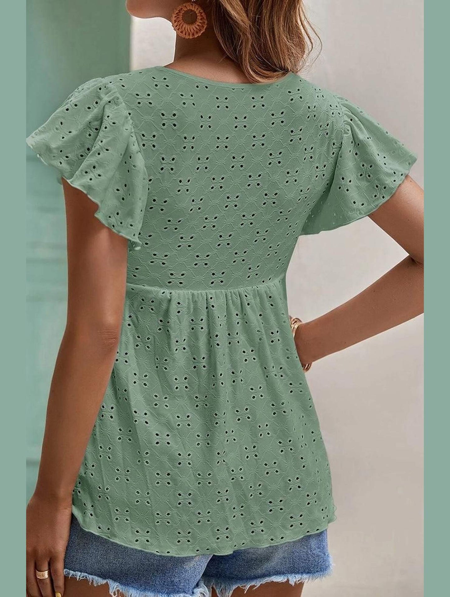 RUFFLED SLEEVE TIE NECK TUNIC TOP - Doublju