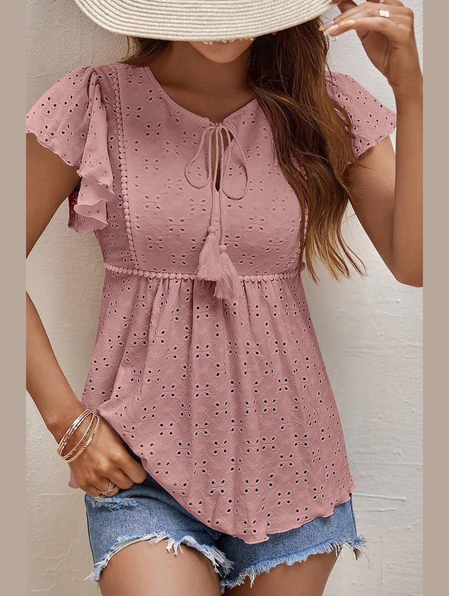 RUFFLED SLEEVE TIE NECK TUNIC TOP - Doublju