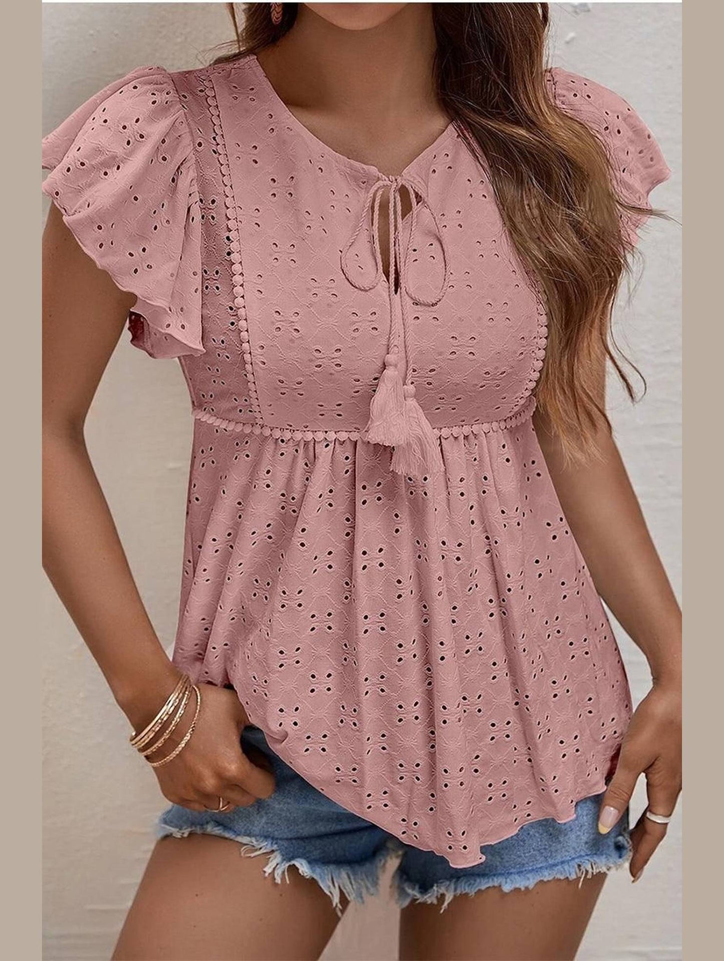 RUFFLED SLEEVE TIE NECK TUNIC TOP - Doublju