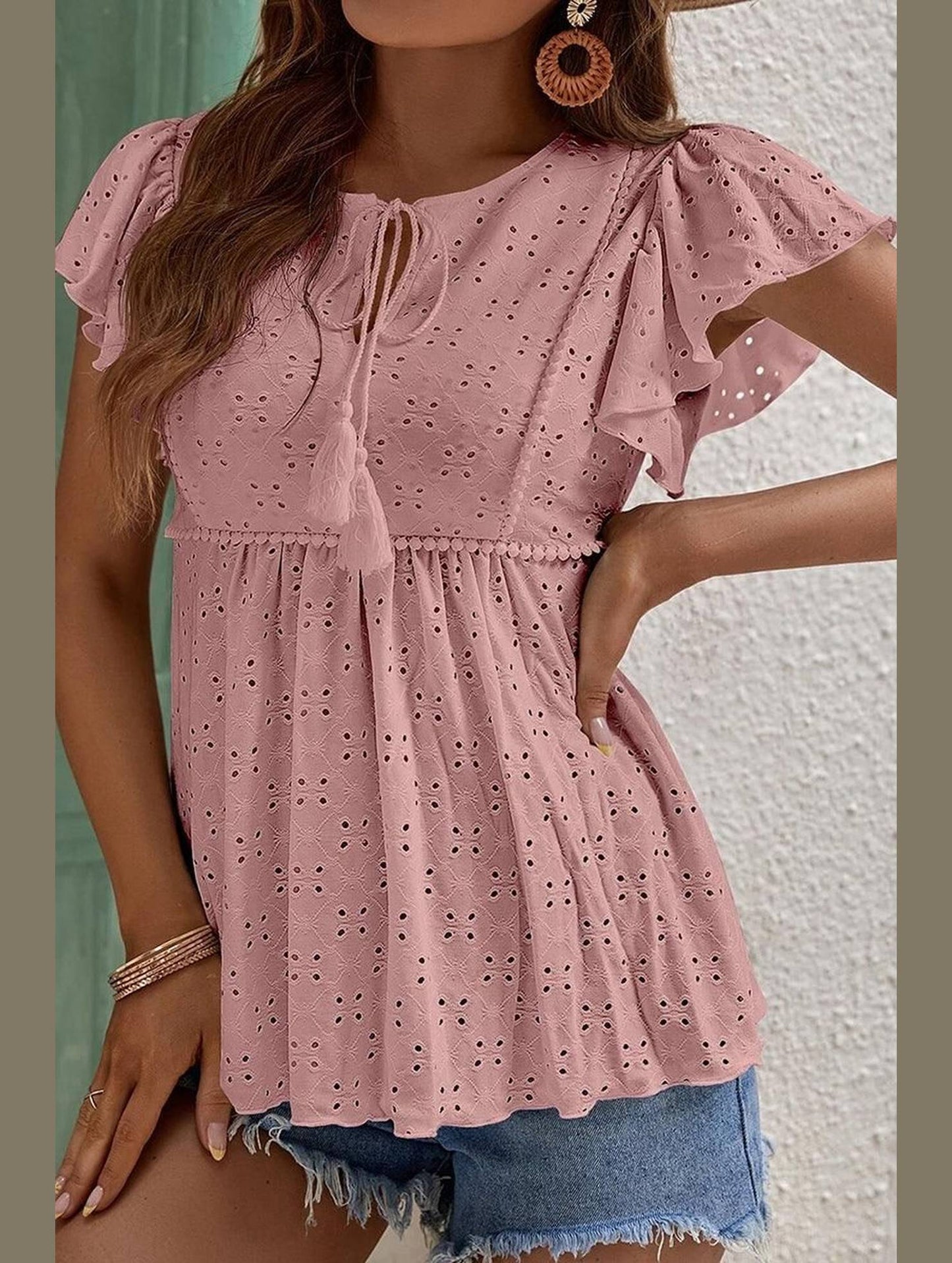 RUFFLED SLEEVE TIE NECK TUNIC TOP - Doublju