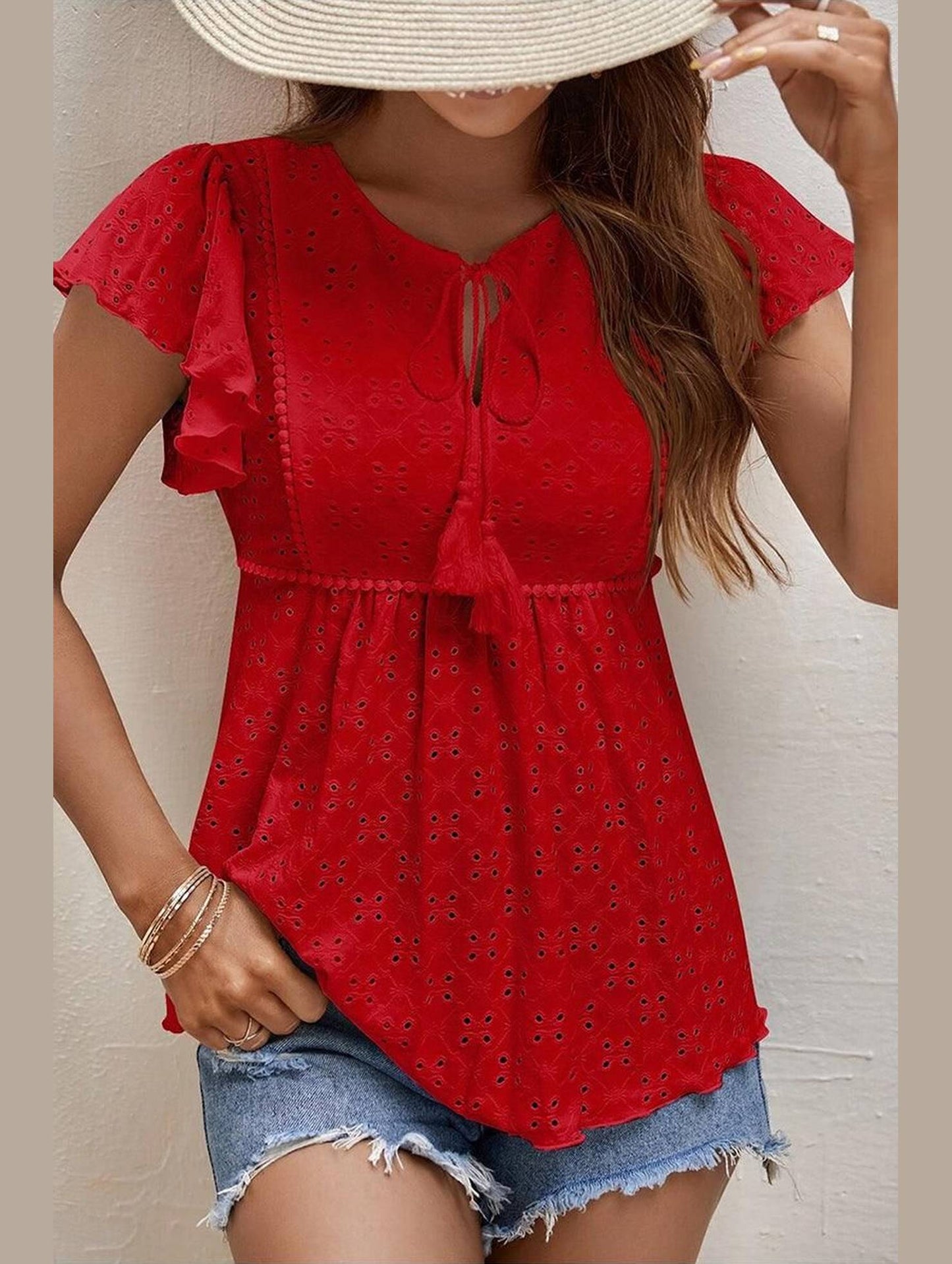 RUFFLED SLEEVE TIE NECK TUNIC TOP - Doublju