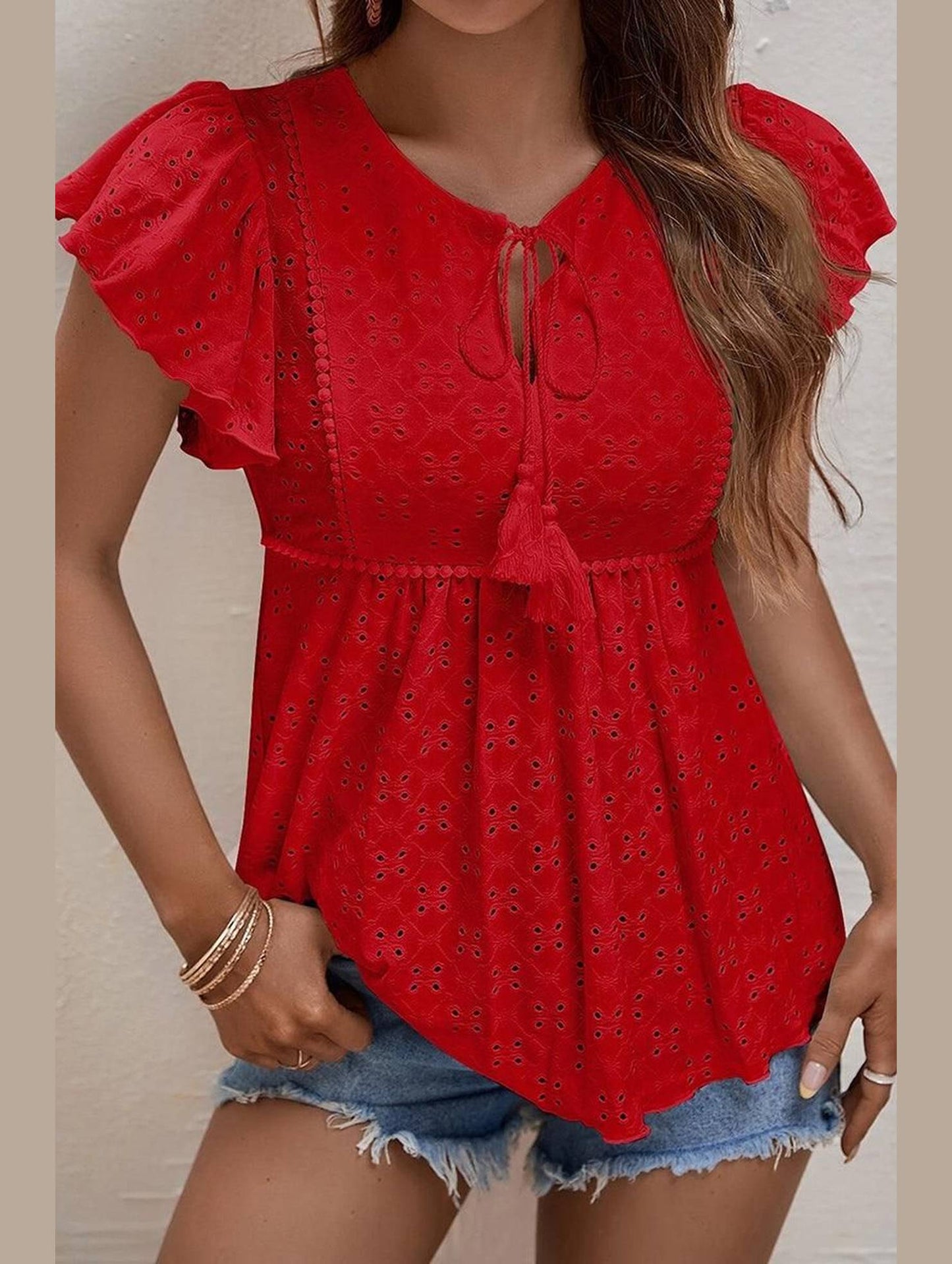 RUFFLED SLEEVE TIE NECK TUNIC TOP - Doublju