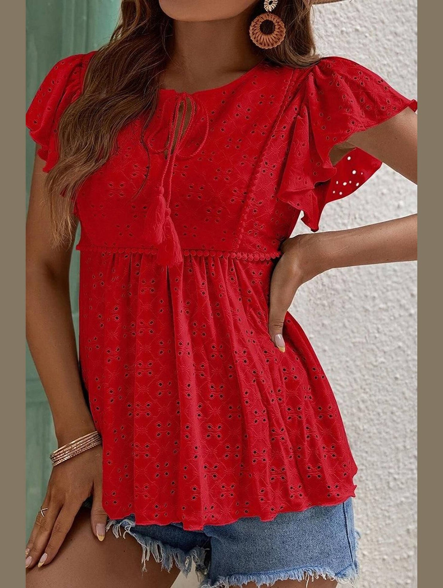 RUFFLED SLEEVE TIE NECK TUNIC TOP - Doublju