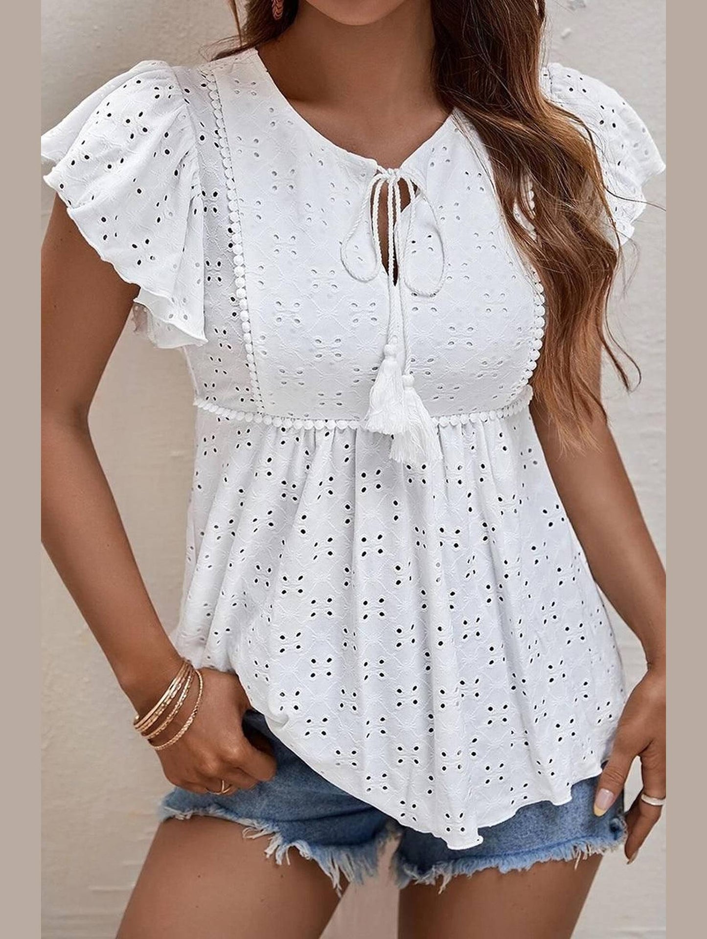 RUFFLED SLEEVE TIE NECK TUNIC TOP - Doublju