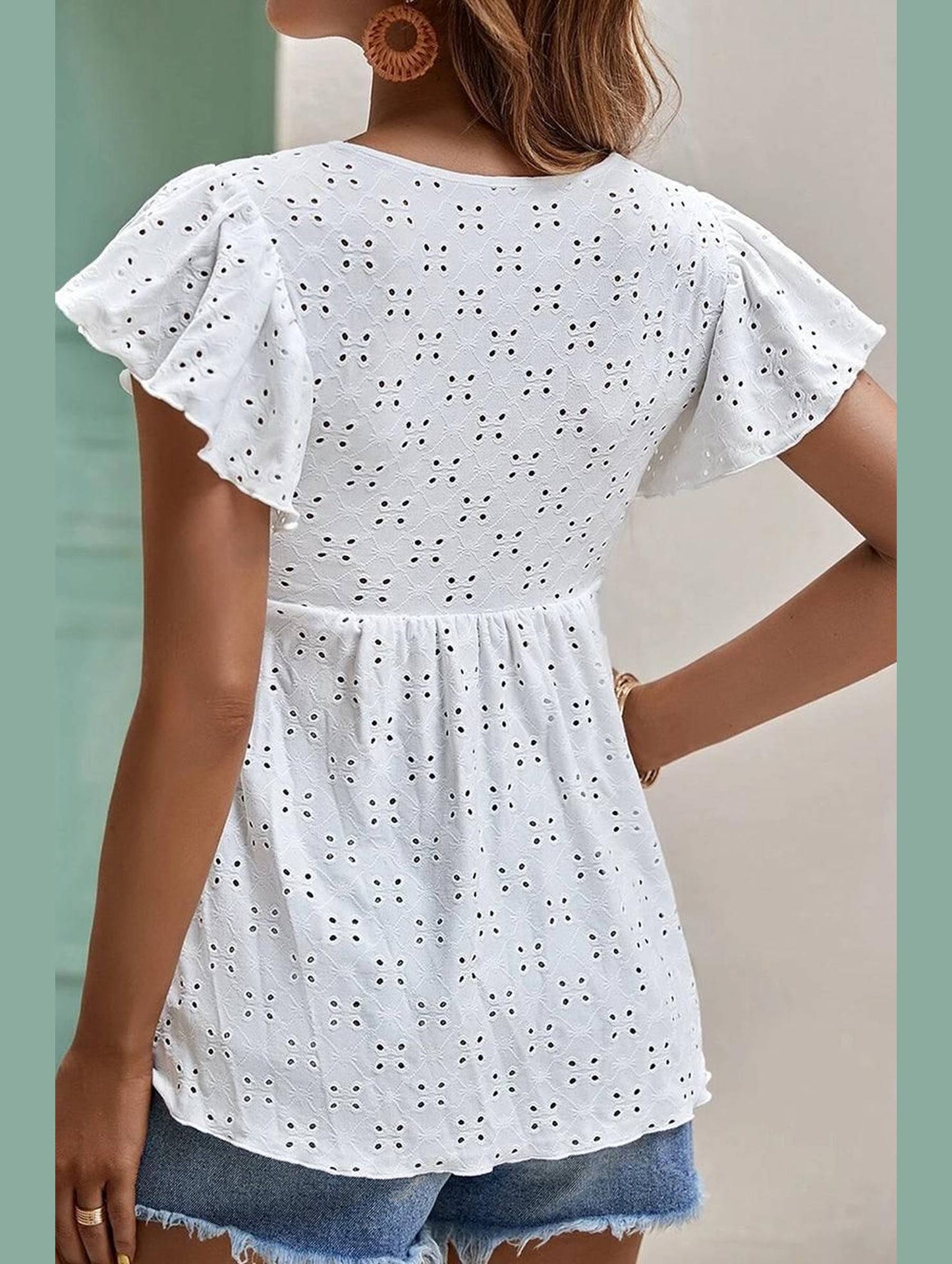 RUFFLED SLEEVE TIE NECK TUNIC TOP - Doublju