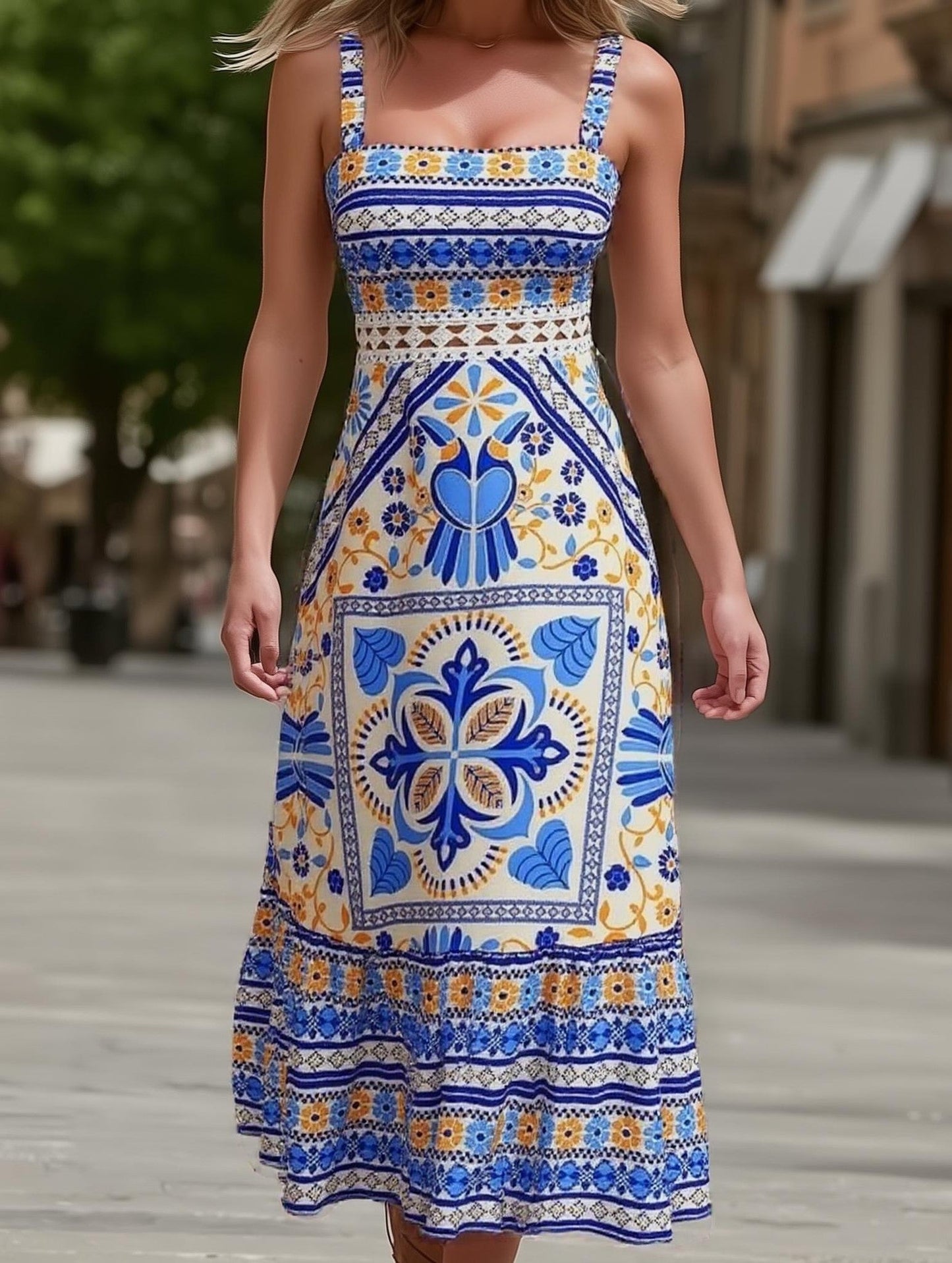 Cercal Bohemian Tropical Print Strappy Sundress ??Summer Vacation Maxi Dress