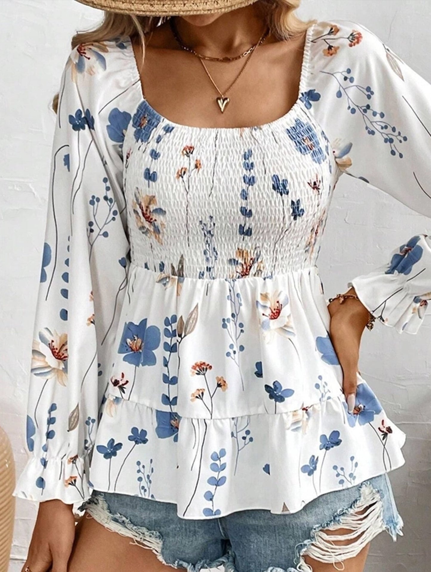 Elegant Floral Print Long-Sleeve T-Shirt