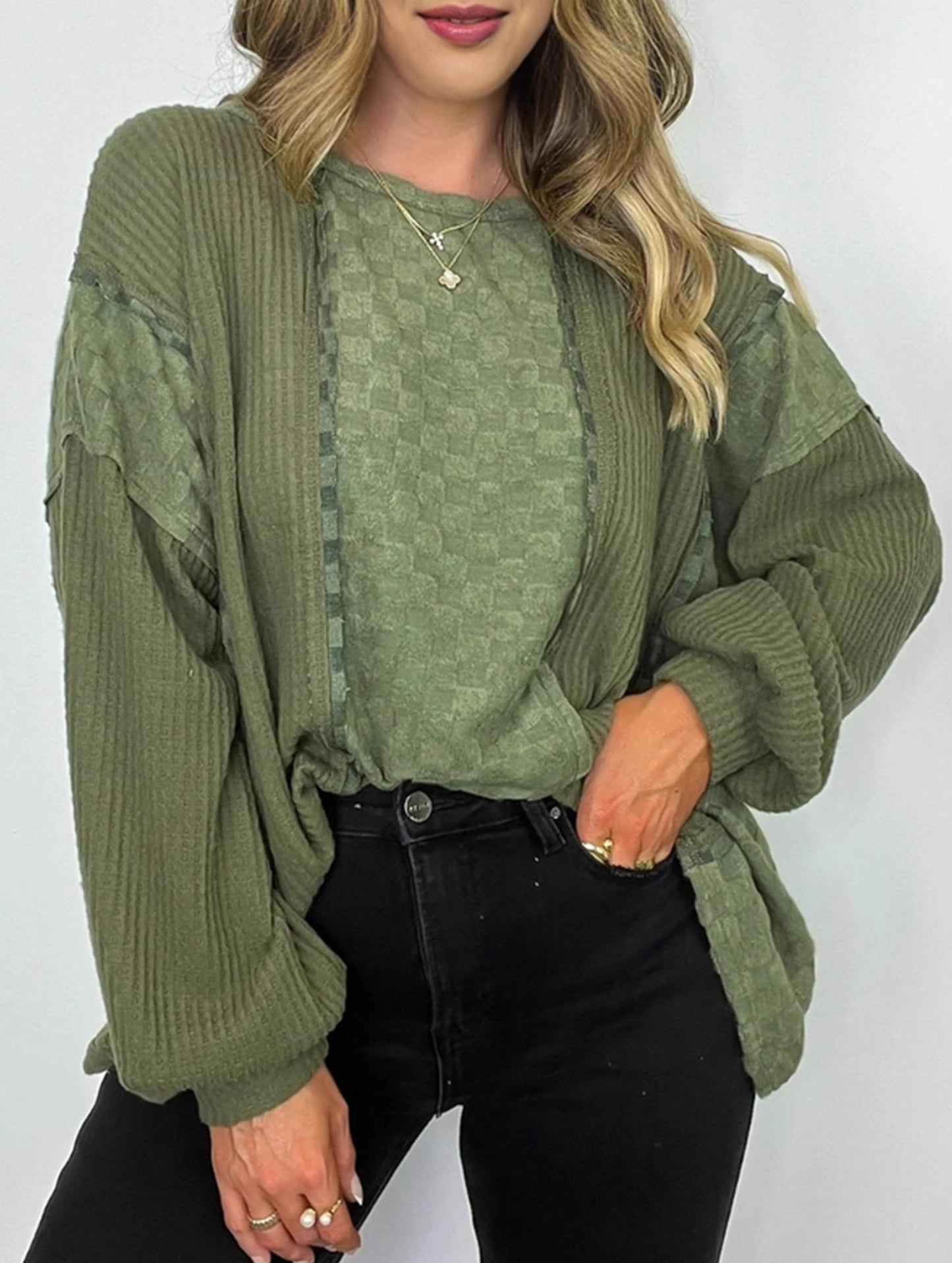 Drop Shoulder Checkered Waffle Pullover