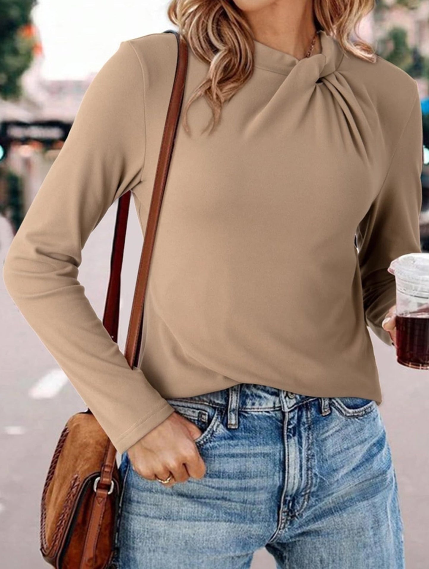 Solid base layer brushed twisted-neck long-sleeved T-shirt