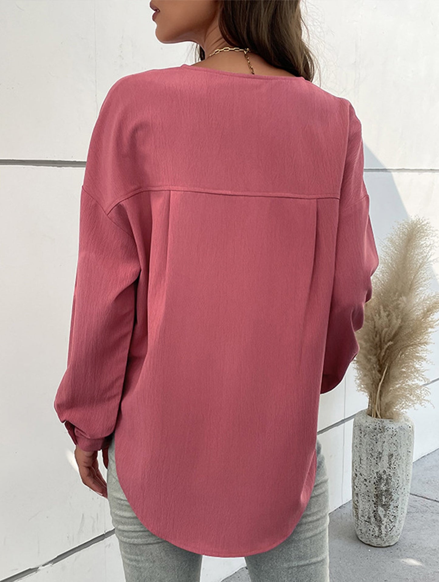 Crewneck Button-Pocket Casual Long-Sleeved Shirt