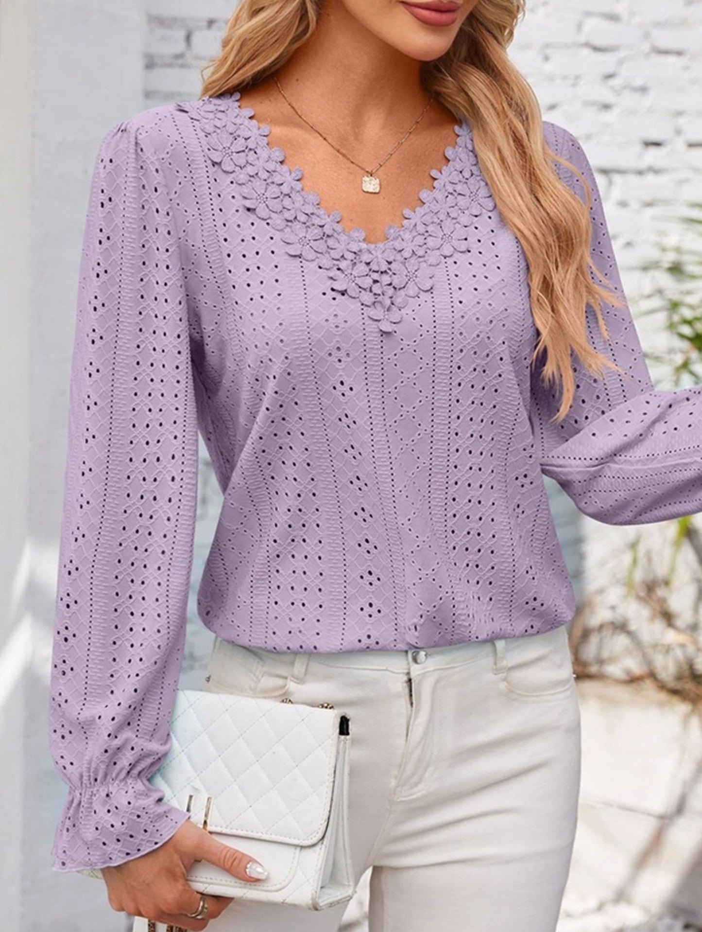 Vintage Hollow Crochet V-Neck Long Sleeve Shirt