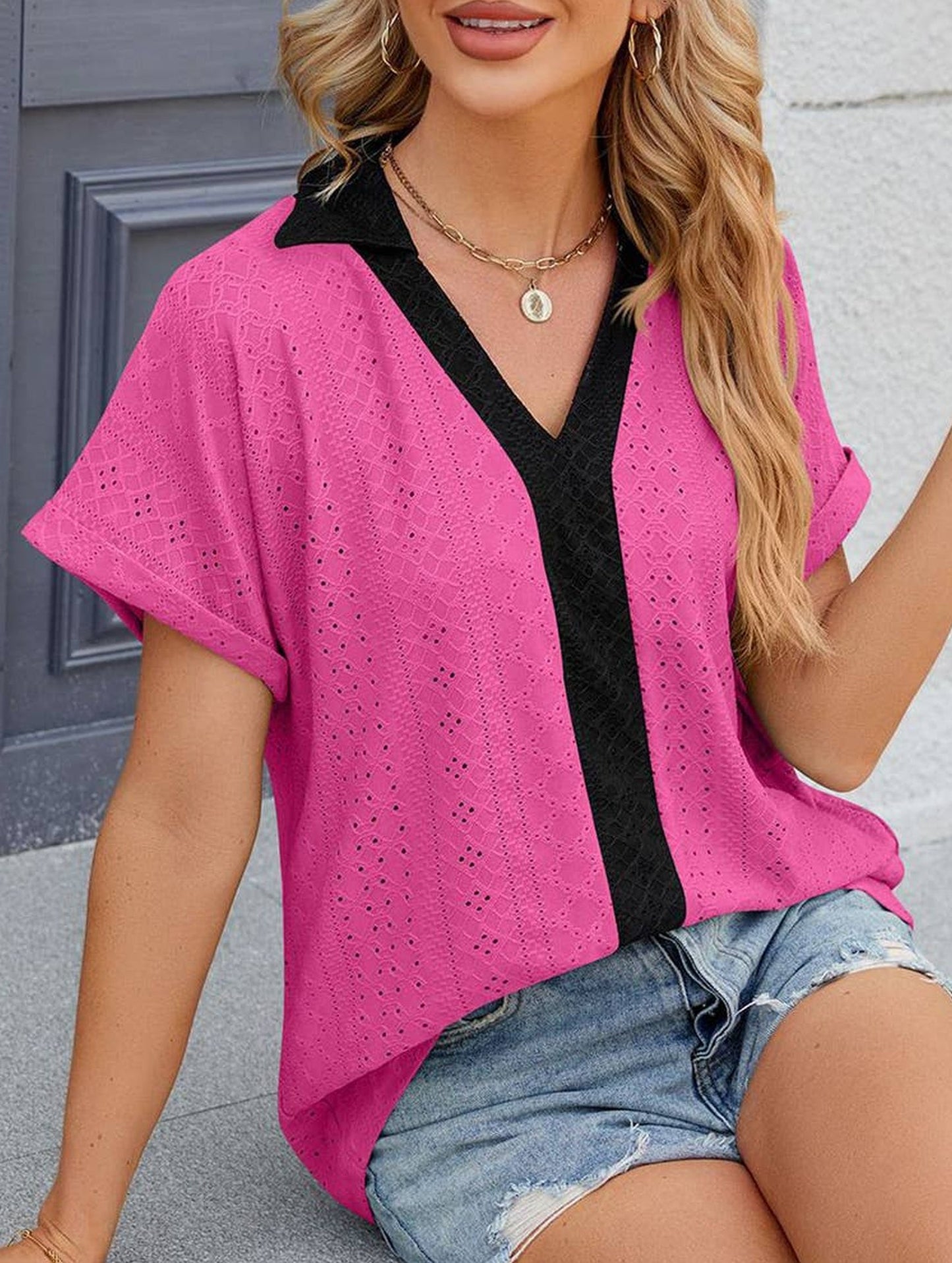 COLLARED SHORT SLEEVE CASUAL T-SHIRT BLOUSE_CWTBLS0515