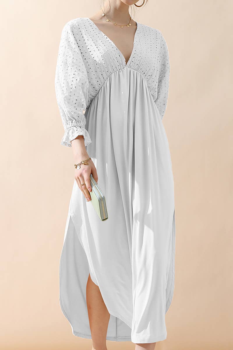 CWDMD795_3/4 SLEEVE V NECK LONG DRESS